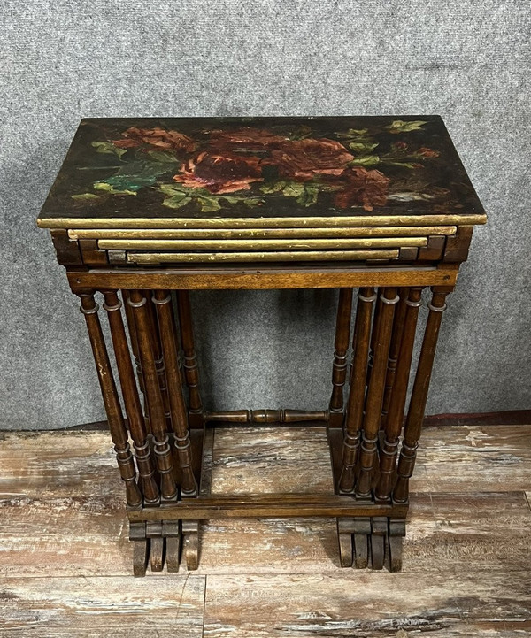 series of 4 nesting tables painted in the style of Vernis Martin circa 1880-1900