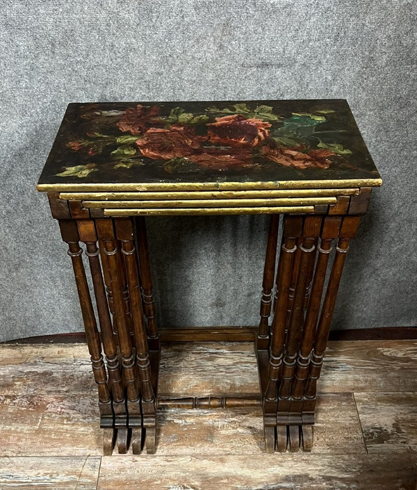 series of 4 nesting tables painted in the style of Vernis Martin circa 1880-1900