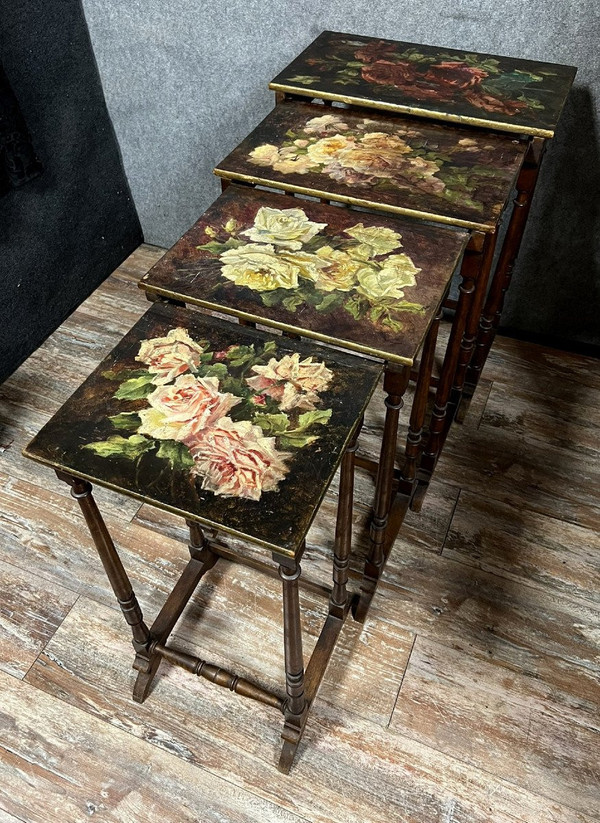 series of 4 nesting tables painted in the style of Vernis Martin circa 1880-1900