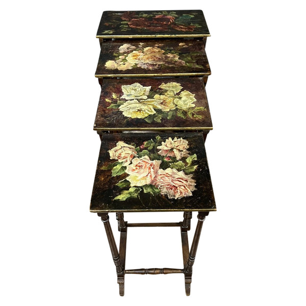 series of 4 nesting tables painted in the style of Vernis Martin circa 1880-1900