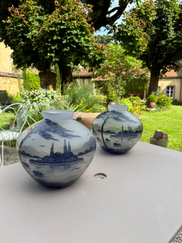 Pair of JOMA decorated glass vases