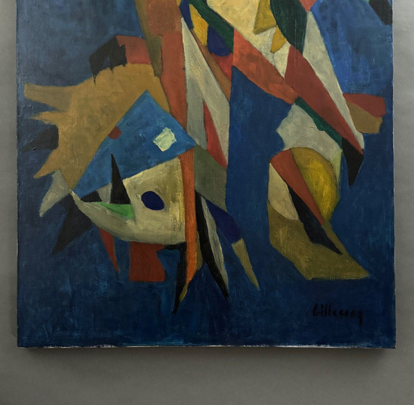 Öl auf Leinwand von Jean Billecocq, moderne Komposition mit Hähnen 1960