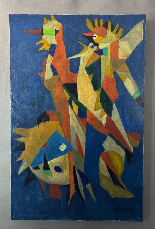 Öl auf Leinwand von Jean Billecocq, moderne Komposition mit Hähnen 1960