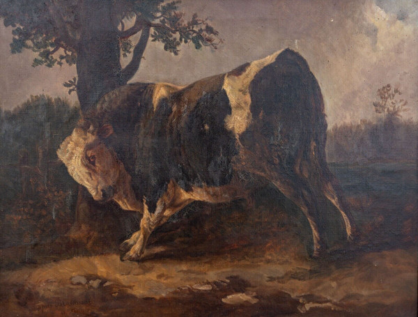 Oil on canvas Bull rubbing against a tree after Brascassat