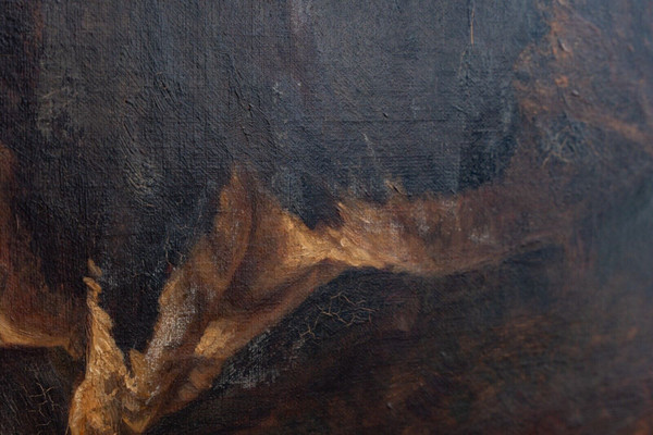 Oil on canvas Bull rubbing against a tree after Brascassat