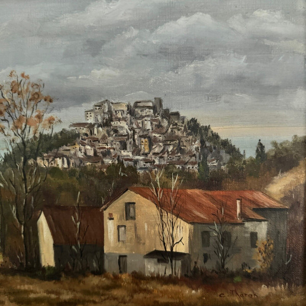 Oil on canvas by C. Theron Cordes-sur-Ciel Tarn 1991