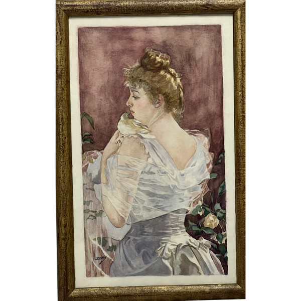 Aquarellgemälde aus dem 19. Jahrhundert, elegantes Porträt mit Taube, signiert LOUISE