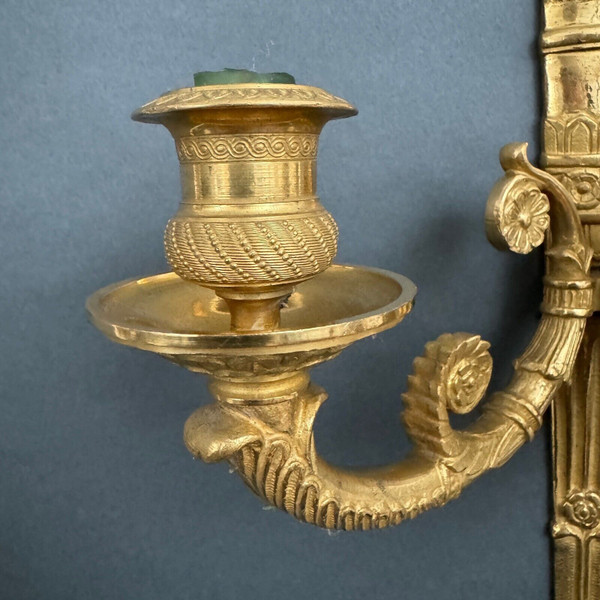 Pair of 3-light gilt bronze palmette wall lights, 19th century Restoration