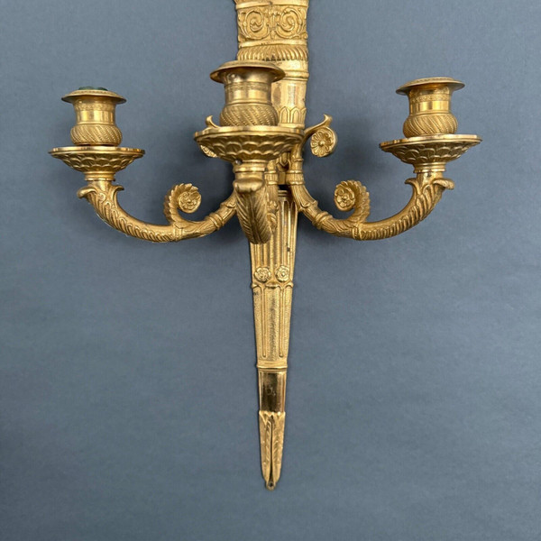 Pair of 3-light gilt bronze palmette wall lights, 19th century Restoration