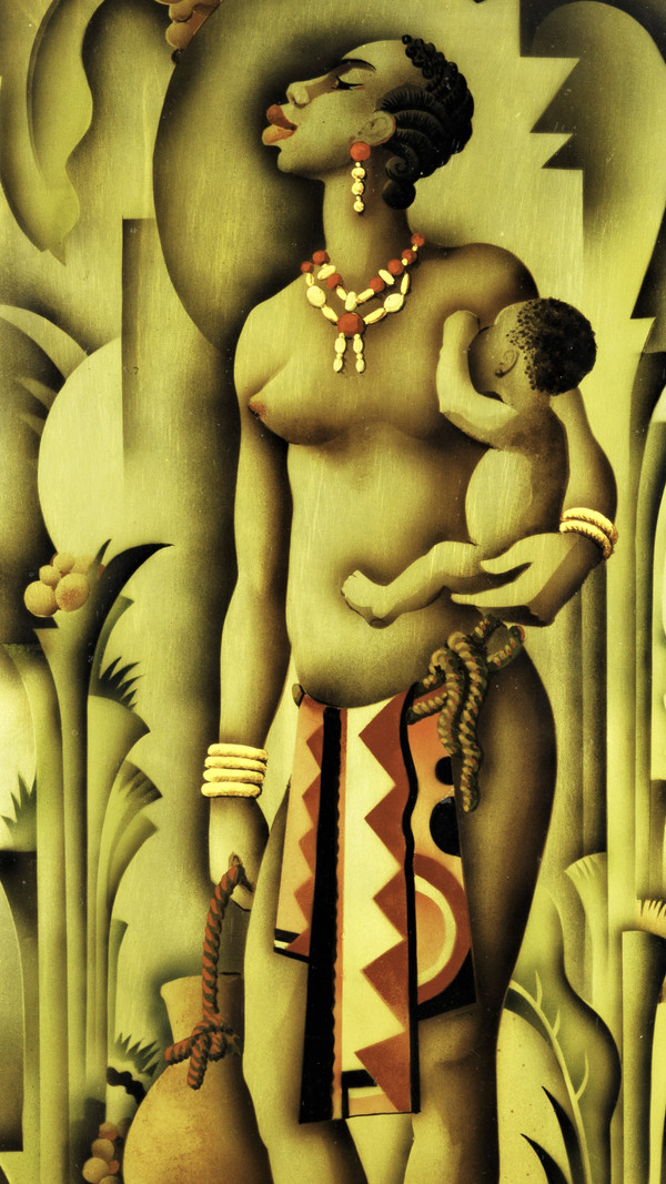 Marcel Couderc, Lacca su pannello "Africano e bambino", dipinto Art Déco