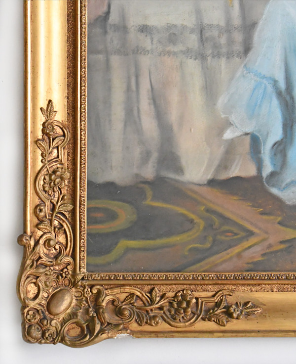 Pastel représentant scène d'intérieur avec une jeune femme devant un miroir