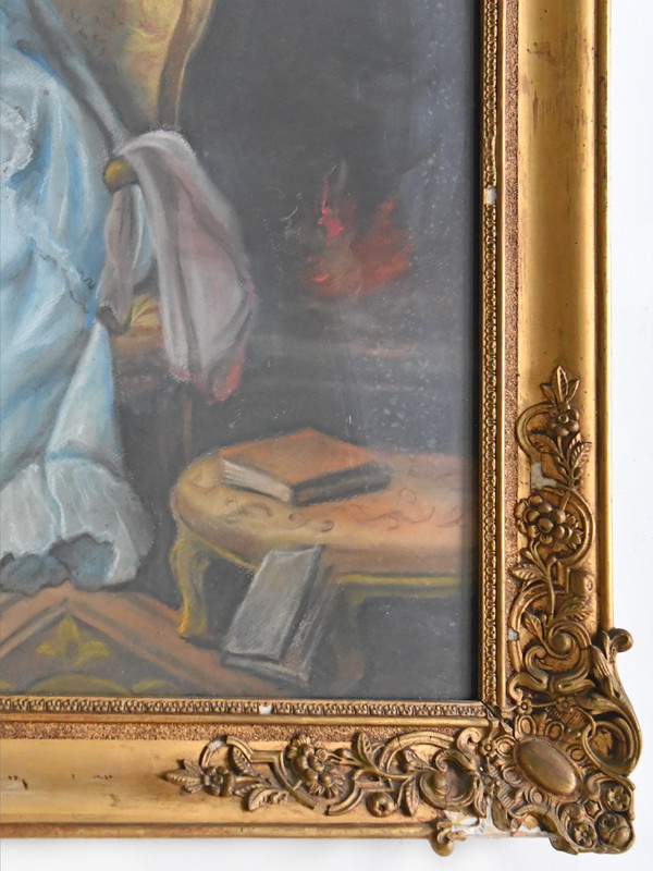 Pastel représentant scène d'intérieur avec une jeune femme devant un miroir