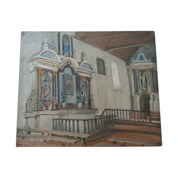 Charles BALAY (1861-1943) Tableau huile sur toile Intérieur chapelle église