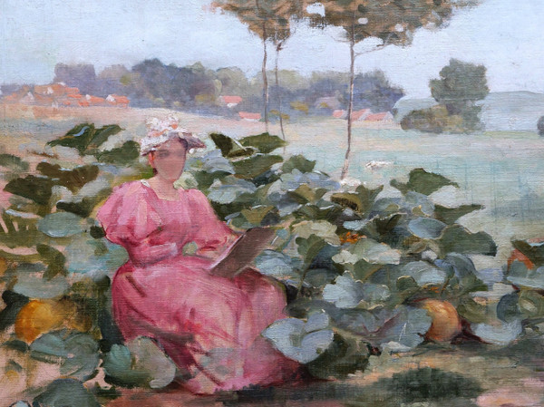 École FRANÇAISE circa 1900, Femme artiste dessinant dans un carré de courges