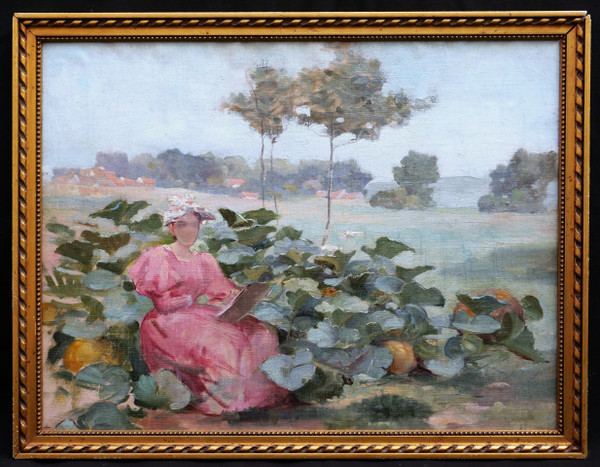 École FRANÇAISE circa 1900, Femme artiste dessinant dans un carré de courges