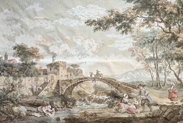 Mechanical tapestry depicting an animated landscape around a village