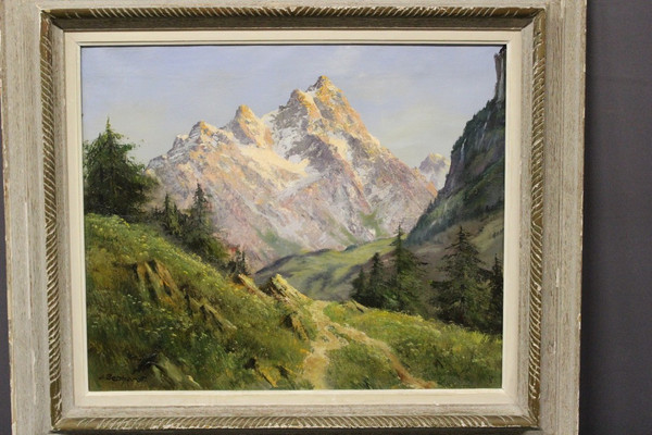 Oil On Canvas Mountain Landscape By Johannes Gebhardt