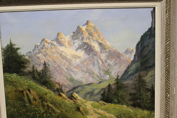 Oil On Canvas Mountain Landscape By Johannes Gebhardt