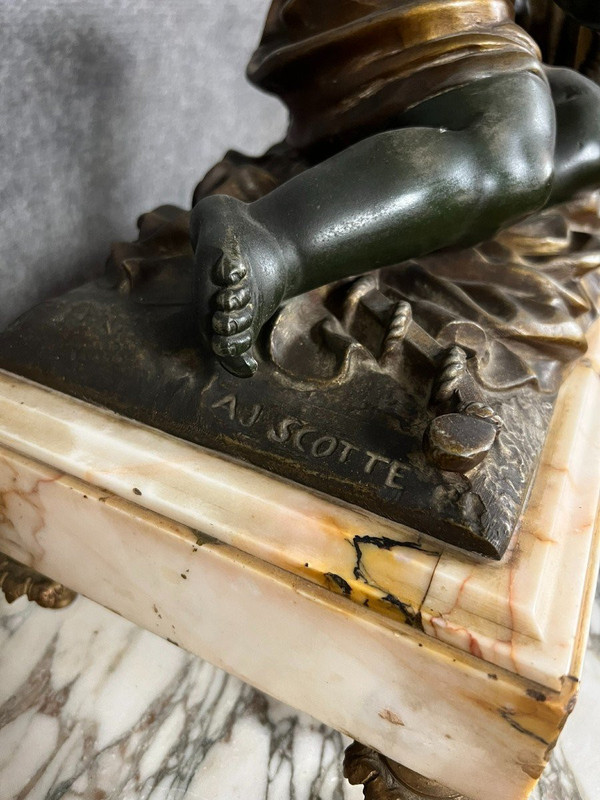 A.J Scotte: Large bronze, babbitt and marble clock, late 19th century, circa 1880