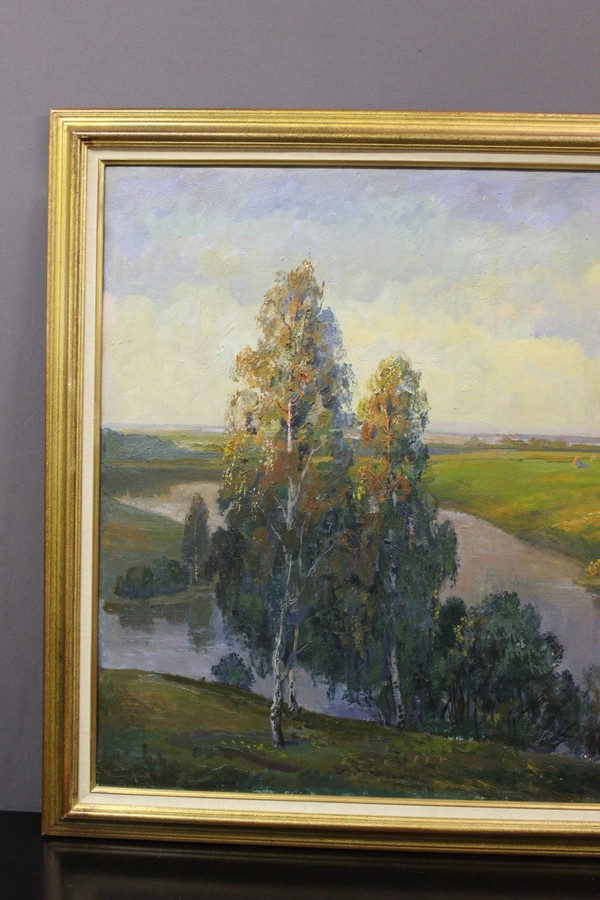 Bedeutende Öl-auf-Leinwand-Landschaft am Fluss Russische Schule XX