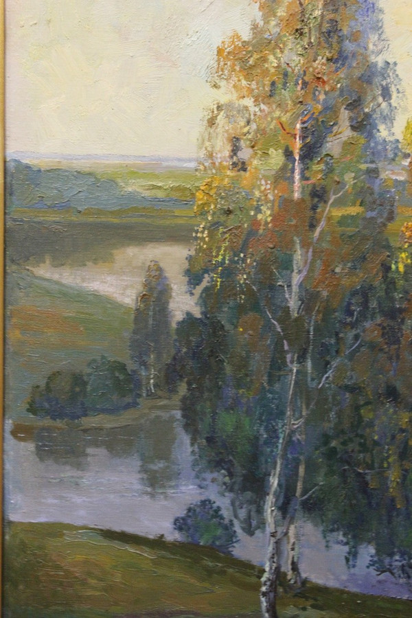 Bedeutende Öl-auf-Leinwand-Landschaft am Fluss Russische Schule XX