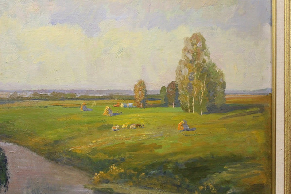 Bedeutende Öl-auf-Leinwand-Landschaft am Fluss Russische Schule XX