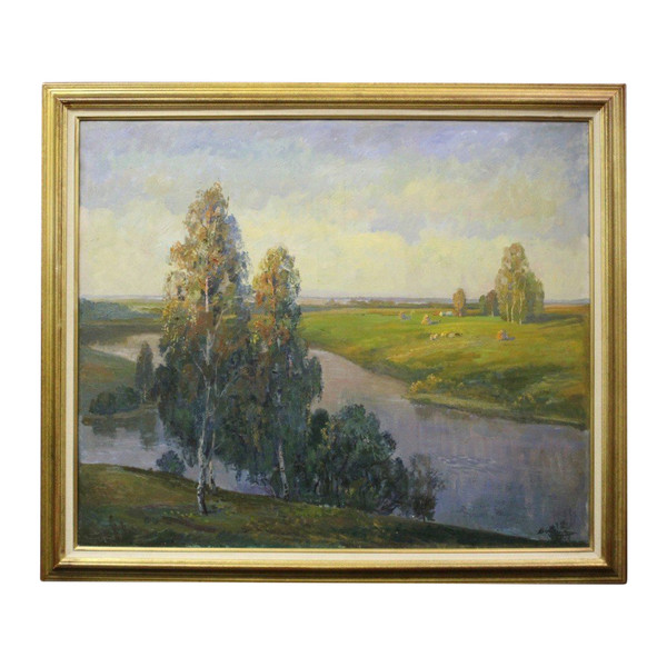 Bedeutende Öl-auf-Leinwand-Landschaft am Fluss Russische Schule XX