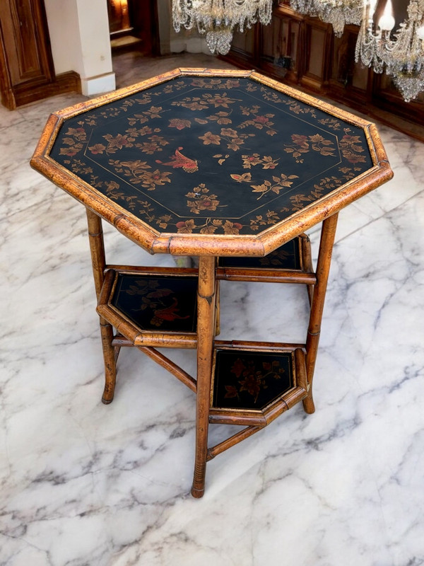 BAMBOO WOOD COFFEE TABLE WITH PAINTED LEATHER TOP WITH FLORAL DECOR