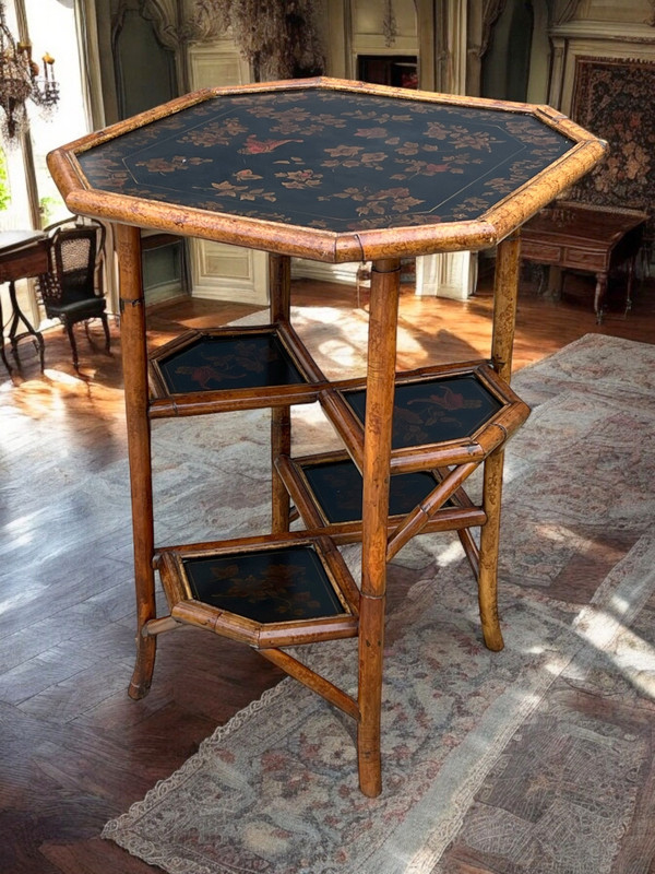 BAMBOO WOOD COFFEE TABLE WITH PAINTED LEATHER TOP WITH FLORAL DECOR