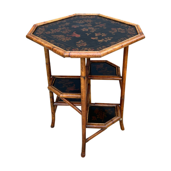 BAMBOO WOOD COFFEE TABLE WITH PAINTED LEATHER TOP WITH FLORAL DECOR