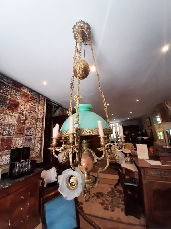 Matador Oil and Candle Hanging Chandelier in Bronze and Opaline Napoleon III - 19th Century