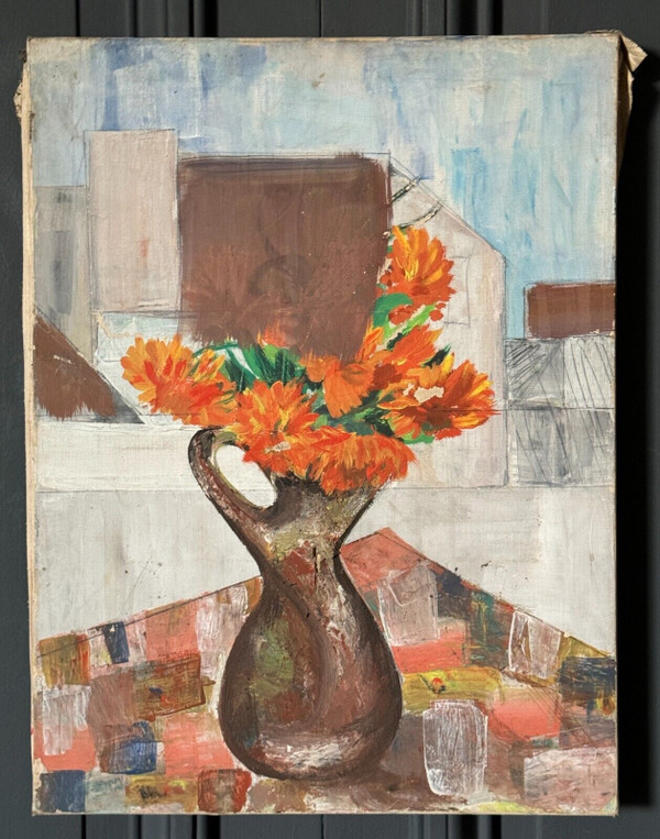 Oil on canvas still life bouquet of flowers mid 20th century