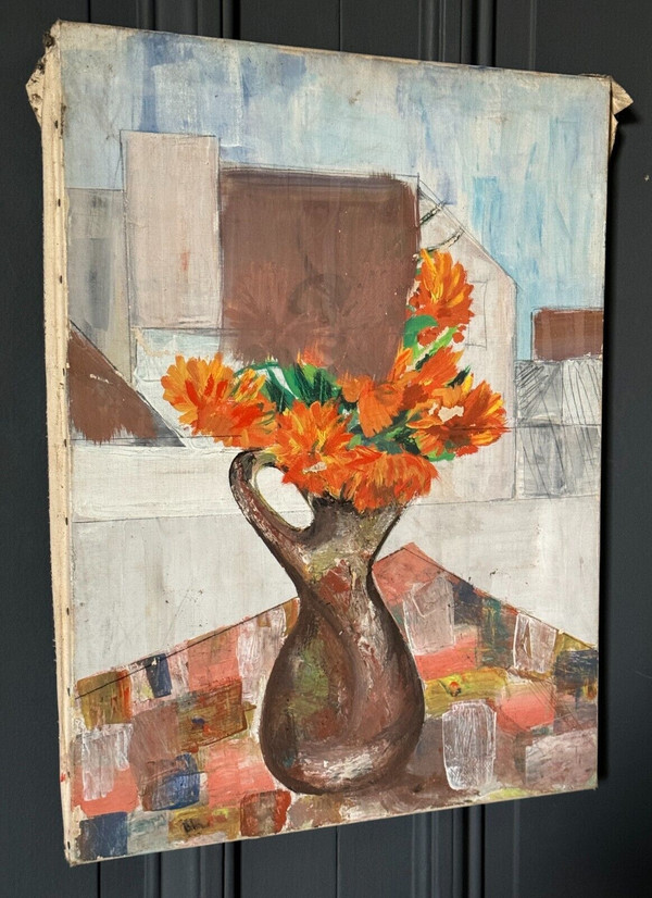 Oil on canvas still life bouquet of flowers mid 20th century