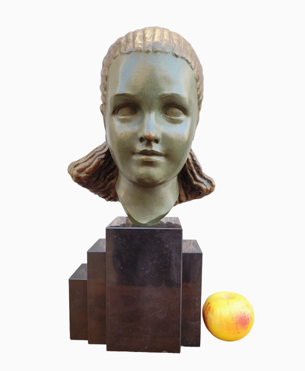 M Bouraine, Testa di giovane donna, Bronzo, Art Déco, XX secolo