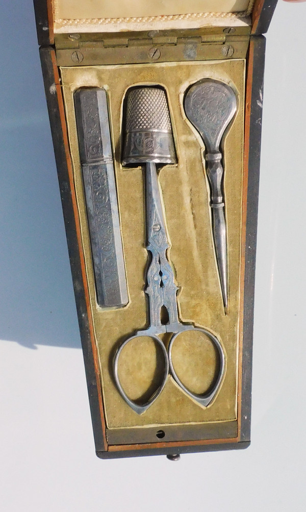 sewing kit box embroidery scissors antique lace engraved steel Napoleon III