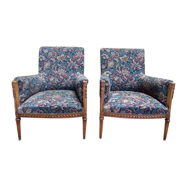 Pair of Louis XVI style armchairs - bergeres with flowers