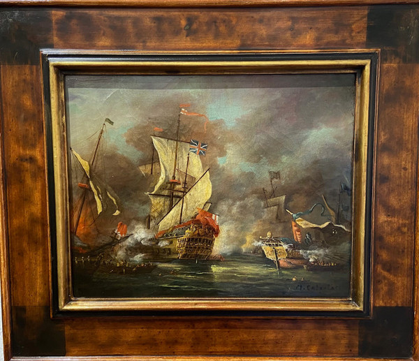 M. CALZOLARI (XIX-XX) - The Battle of TRAFALGAR - Oil on canvas