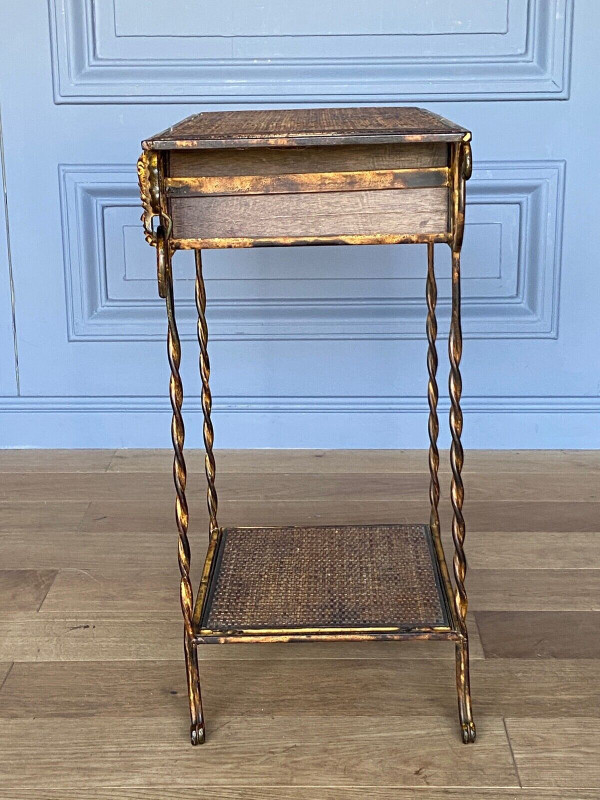 Small piece of furniture in rattan and gilded metal decorated with elephants 1970 one drawer