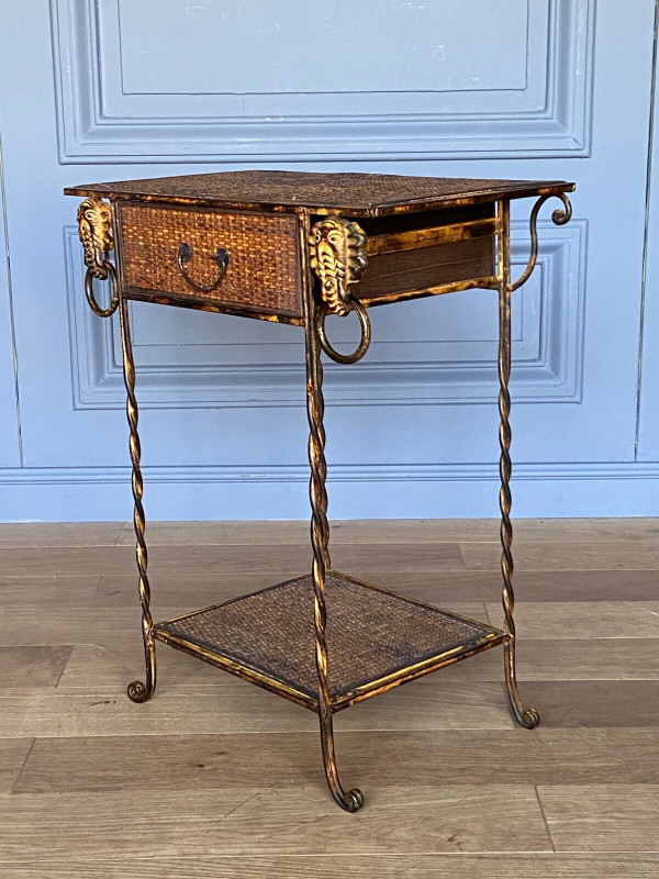 Small piece of furniture in rattan and gilded metal decorated with elephants 1970 one drawer