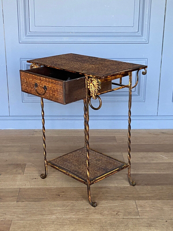 Small piece of furniture in rattan and gilded metal decorated with elephants 1970 one drawer