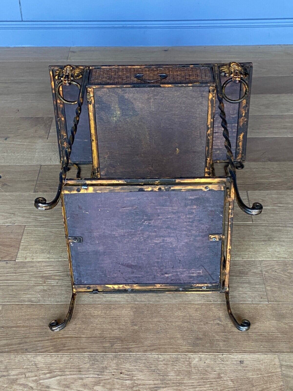 Small piece of furniture in rattan and gilded metal decorated with elephants 1970 one drawer