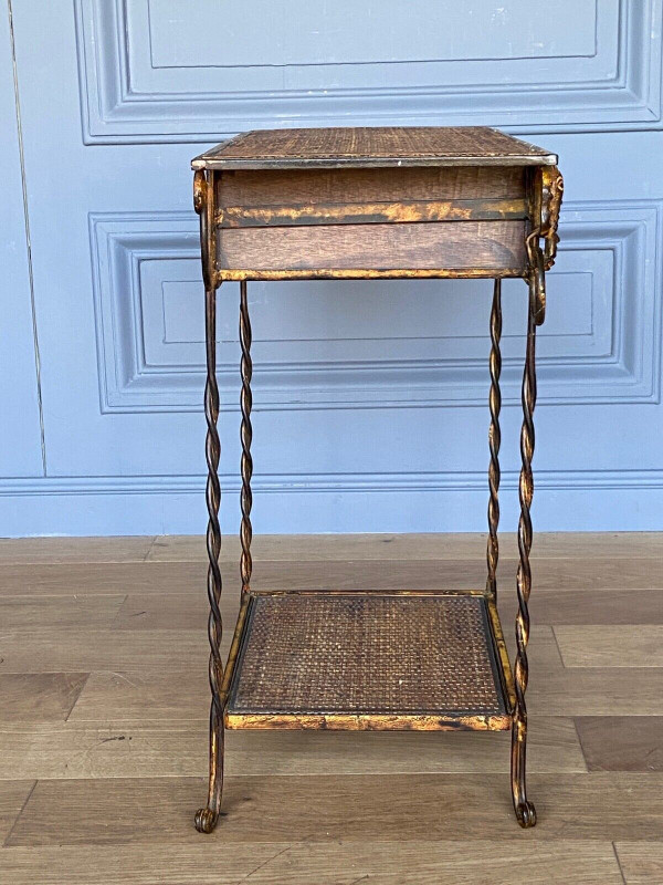 Small piece of furniture in rattan and gilded metal decorated with elephants 1970 one drawer