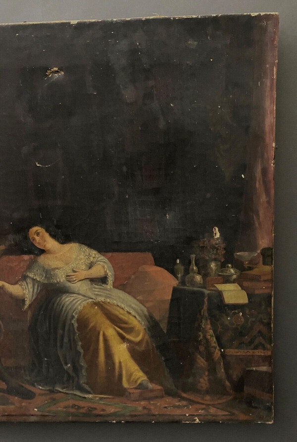 Huile sur toile scène d'intérieur XVIIe époque XIXe courtisans