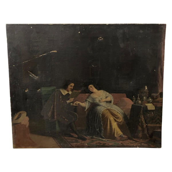 Huile sur toile scène d'intérieur XVIIe époque XIXe courtisans