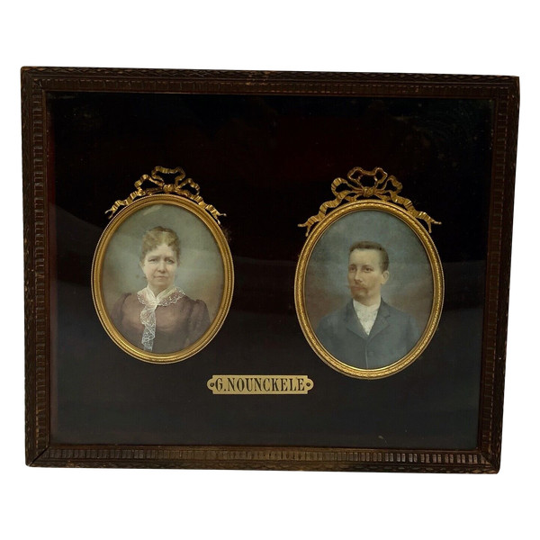 Pair of late 19th century couple miniatures by Georgine Nounckele bronze frame