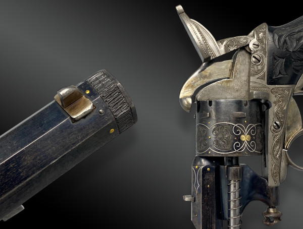 Necessary case with a luxurious CHAMELOT DELVIGNE Pinfire Revolver. FRANCE XIXth century