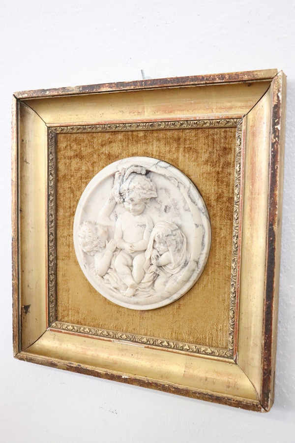 Sculptures Bas-Relief en Marbre Blanc avec Cadres, 19ème Siècle, Set de 2