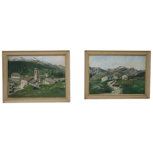 Mountain Landscapes, Oil Painting on Plywood, Framed, Set of 2