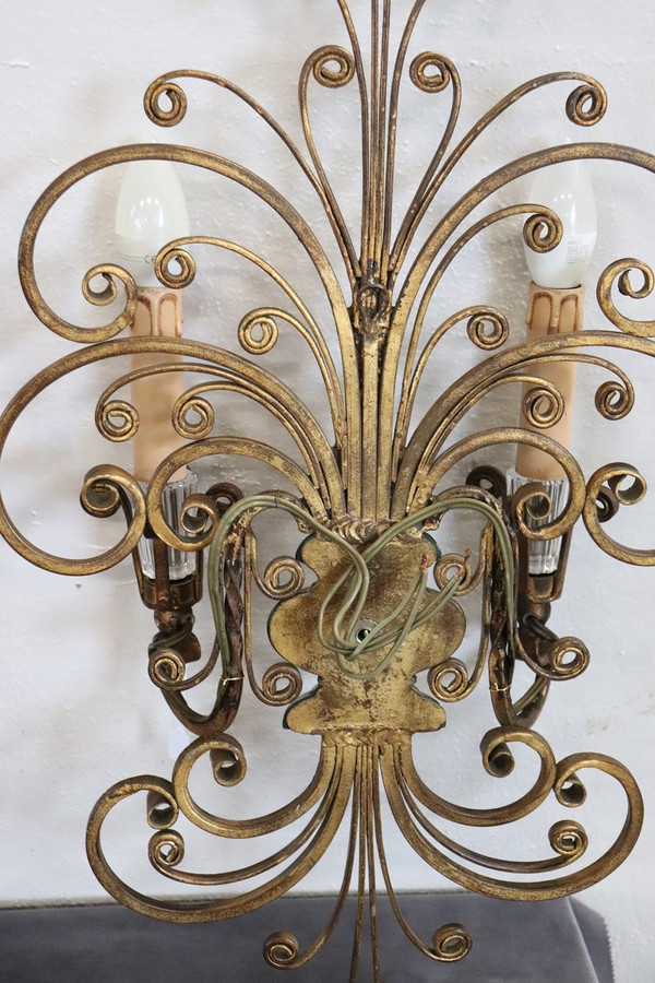 Gilded Iron and Crystal Sconces attributed to Maison Baguès, 1950s, Set of 2