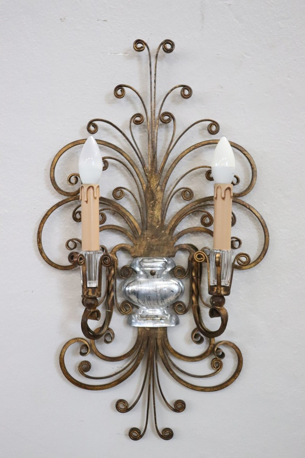 Gilded Iron and Crystal Sconces attributed to Maison Baguès, 1950s, Set of 2